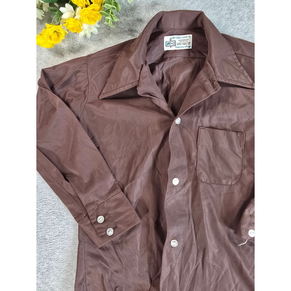 Kmart Knit Dress Shirt Boy 7 Brown Vintage 70s Disco Long Sleeve Pointed Collar - Picture 2 of 8